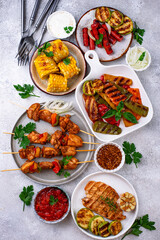 Assortment of grilled bbq meat and vegetables