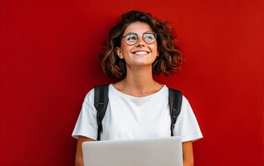 Happy young woman with laptop on red background, looking up and smiling, wearing glasses and a white t-shirt, with a backpack behind her back.