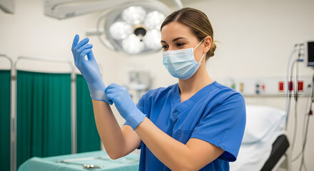 Nurse Putting on Gloves in Operating Room