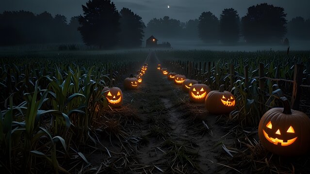 Glowing jack o lanterns light a path through a dark cornfield at night