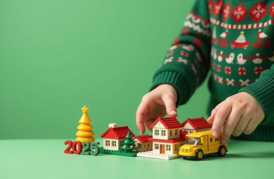 Child's hands assemble a New Year's composition from a children's construction set. The child is wearing a Christmas sweater. Horizontal concept of children's games with space for text