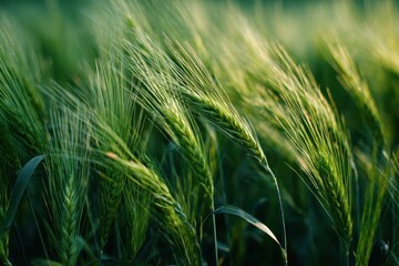 Sunlit wheat stalks sway gently in a verdant field, capturing nature's subtle beauty