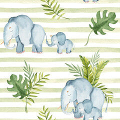 Watercolor seamless pattern with cute elephant baby and adult and Tropical leaves on green striped background. Safari Animals hand drawn illustrations for kid textile prints, wallpaper and packaging