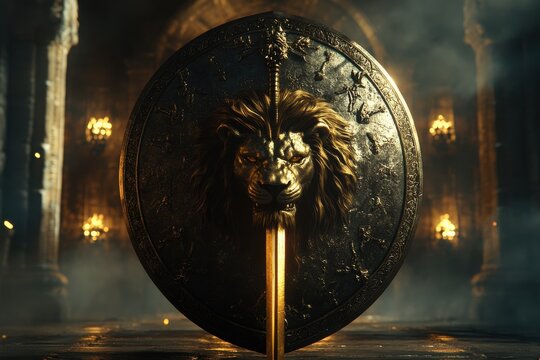 Ancient shield with a lion emblem and sword glowing in a dark, atmospheric setting - Powered by Adobe