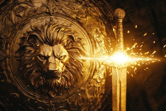 Golden lion shield and gleaming sword with sparks in a mystical setting at dusk
