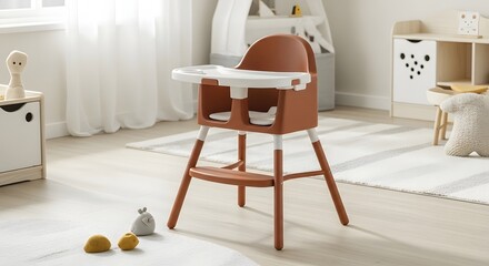 A modern brown and white baby high chair in a bright room with toys and furniture around it nicely staged