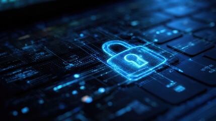 The digital lock symbolizing cybersecurity on a modern keyboard backdrop.