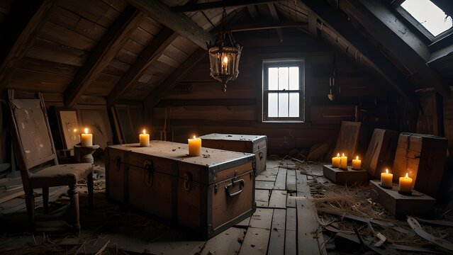 Mysterious old attic illuminated by candles with antique trunks and a chair