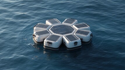 Floating, octagonal solar array platform on wavy water, blue hued, capturing energy on open sea