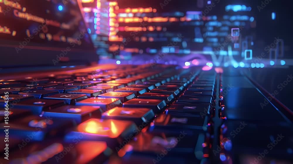 Poster close-up view of fingers typing on a backlit keyboard, with colorful data visualizations displayed i