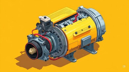Yellow engine illustration, detailed with red pipes, set against a matching yellow background