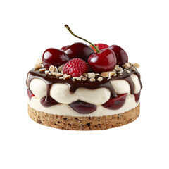 Delicious chocolate cherry mousse cake with fresh berries isolated on transparent background