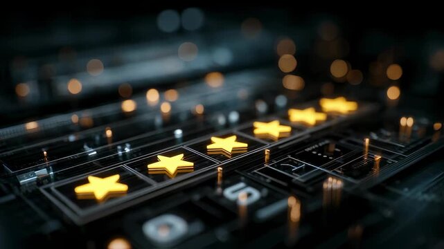 Five golden stars are emerging from a futuristic microchip, representing excellent customer reviews, innovative technology, and the pursuit of high quality products and services