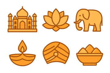 simple India culture set with Taj Mahal, lotus, elephant, diya, turban, spices in orange tones, transparent background.
