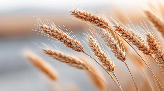 Ripe wheat stalks gracefully dance in a field, illuminated by warm sunlight