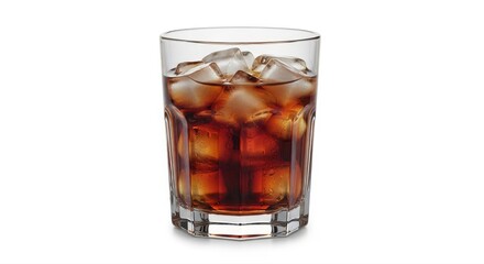 Clear glass with refreshing cola and ice cubes sits on a white surface
