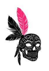 Fototapeta premium Decorative skull mask with colorful feathers on transparent background