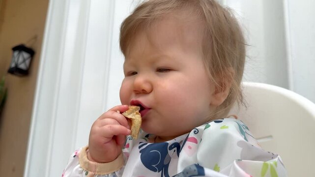 Adorable baby girl in colorful bib sitting in a high chair, exploring food with curiosity while practicing baby led weaning with fruits, vegetables, and eggs during an outdoor mealtime at home
