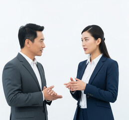 Confident Chinese Businessman and Businesswoman Discussing Strategy, White Background