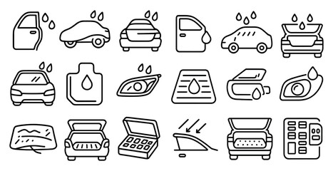 Set of car icons that include a car with a hood open, a car with a windshield wiper, and a car with a sun visor