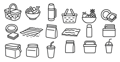 Collection of food and drink items, including a cooler, a cup, a bowl, a bottle, a bag, a spoon, a fork, a knife, a banana, a pineapple, and a sandwich