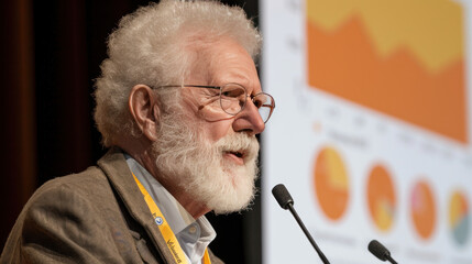 Senior man presenting at a conference with charts and graphs in the background, sharing insights with an engaged audience, showcasing knowledge and experience
