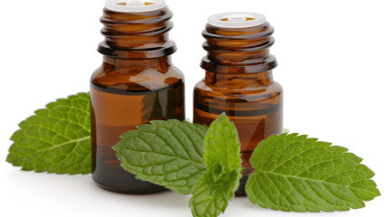 Aromatherapy Essential Oils in Brown Glass Bottles with Fresh Mint Leaves on White Surface for Natural Wellness and Spa Treatments