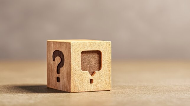 The wooden block featuring question and speech bubble icons for communication concepts.