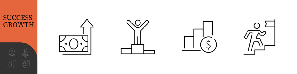 Success and Growth Editable Icons set. Vector illustration in modern thin line style of business icons: personal, professional, and financial growth, progress, career. Pictograms and infographics