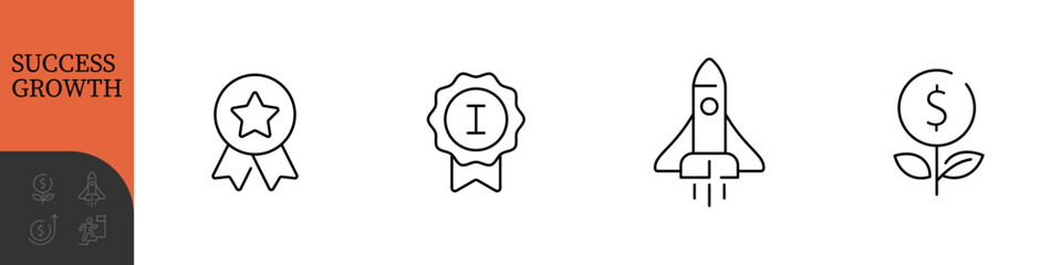 Success and Growth Editable Icons set. Vector illustration in modern thin line style of business icons: personal, professional, and financial growth, progress, career. Pictograms and infographics