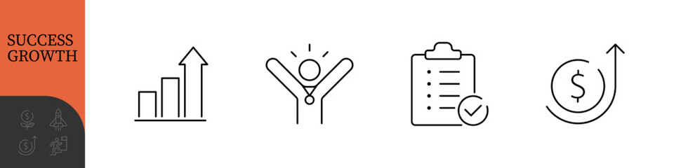Success and Growth Editable Icons set. Vector illustration in modern thin line style of business icons: personal, professional, and financial growth, progress, career. Pictograms and infographics