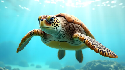Fototapeta premium sea turtle swimming through clear ocean water, isolated or with natural marine background. Ideal for underwater themes, wildlife visuals, marine life education, and eco-awareness designs. 