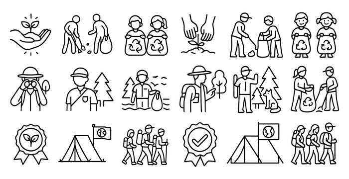 Series of images depicting people doing various activities related to the environment. The images include people picking up trash, planting trees, and carrying bags