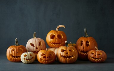 Halloween Group of Carved Pumpkins with Various Expressions for Halloween Decoration. Holloween,