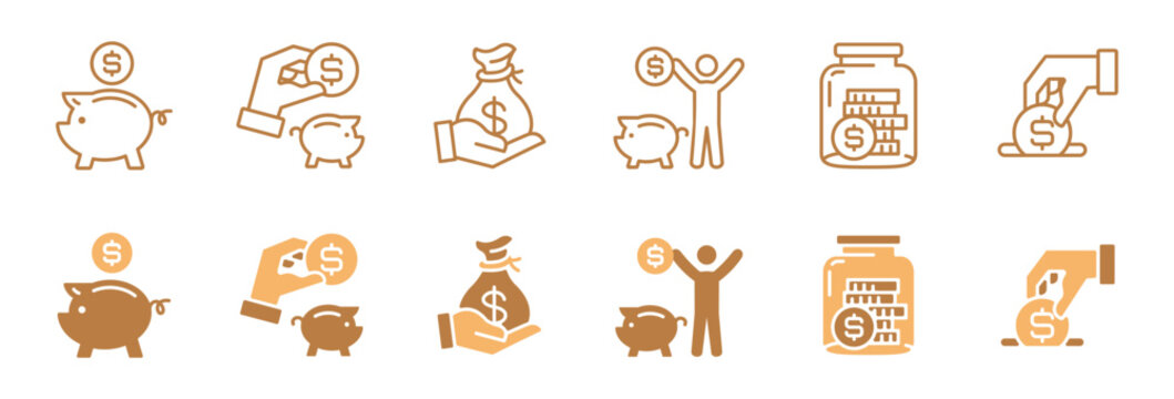 financial money savings icon line set dollar piggy bank investment planning hand hold coin currency signs vector banking saving management illustration