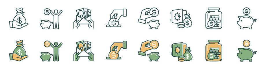 financial planning money savings icon line set hand holding coin piggy bank signs vector dollar donation earning management symbol illustration for web and app
