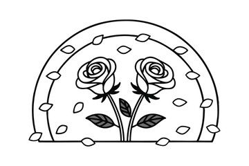 Elegant black and white line art of two roses in a semicircle