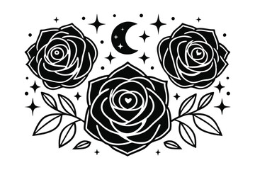 Celestial rose arrangement with crescent moon and stars