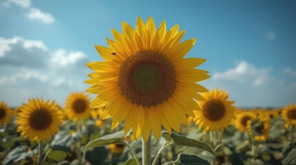 Fototapeta premium A vibrant sunflower stands tall in a field, its yellow petals radiating warmth under a clear blue sky.