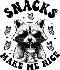 Funny raccoon enjoying a snack drink, perfect for apparel.