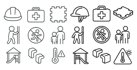 Series of icons including a first aid kit, a fire extinguisher, a no smoking sign, and a no trespassing sign