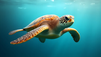 Obraz premium sea turtle swimming through clear ocean water, isolated or with natural marine background. Ideal for underwater themes, wildlife visuals, marine life education, and eco-awareness designs. 