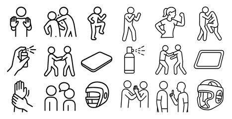 Series of black and white icons depicting various sports and activities. The icons include a hand with a spray bottle, a person holding a cell phone, a person wearing a helmet