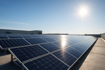 Solar Energy: A modern rooftop is covered with solar panels absorbing the sun's energy under the blue sky, symbolizing sustainable and renewable energy solutions for a cleaner world.