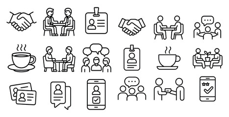 Series of icons depicting various business interactions, including a handshake, a coffee cup, and a cell phone