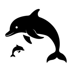 Naklejka premium Elegant silhouette of a mother dolphin and calf swimming gracefully isolated on white background