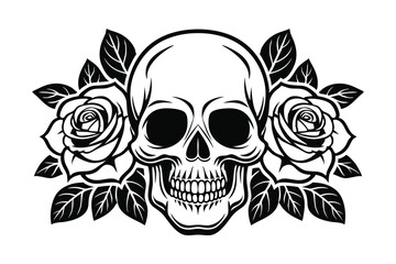 Classic black and white skull and roses tattoo design