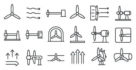 Series of wind turbine icons are shown in a line. The icons include a propeller, a windmill, and a wind turbine. Scene is one of energy and sustainability
