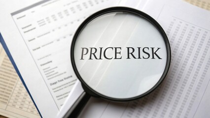 A magnifying glass highlights the words "PRICE RISK" over financial documents, emphasizing the scrutiny of market or investment uncertainties.