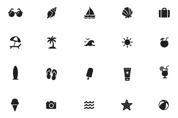 Summer beach vacation icon set, simple flat vector travel and holiday symbols collection